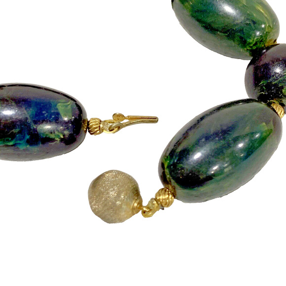 Vintage 1980's Chunky Green & Gold Beaded Necklace Mod Abstract Boss Lady Collar - Picture 7 of 7